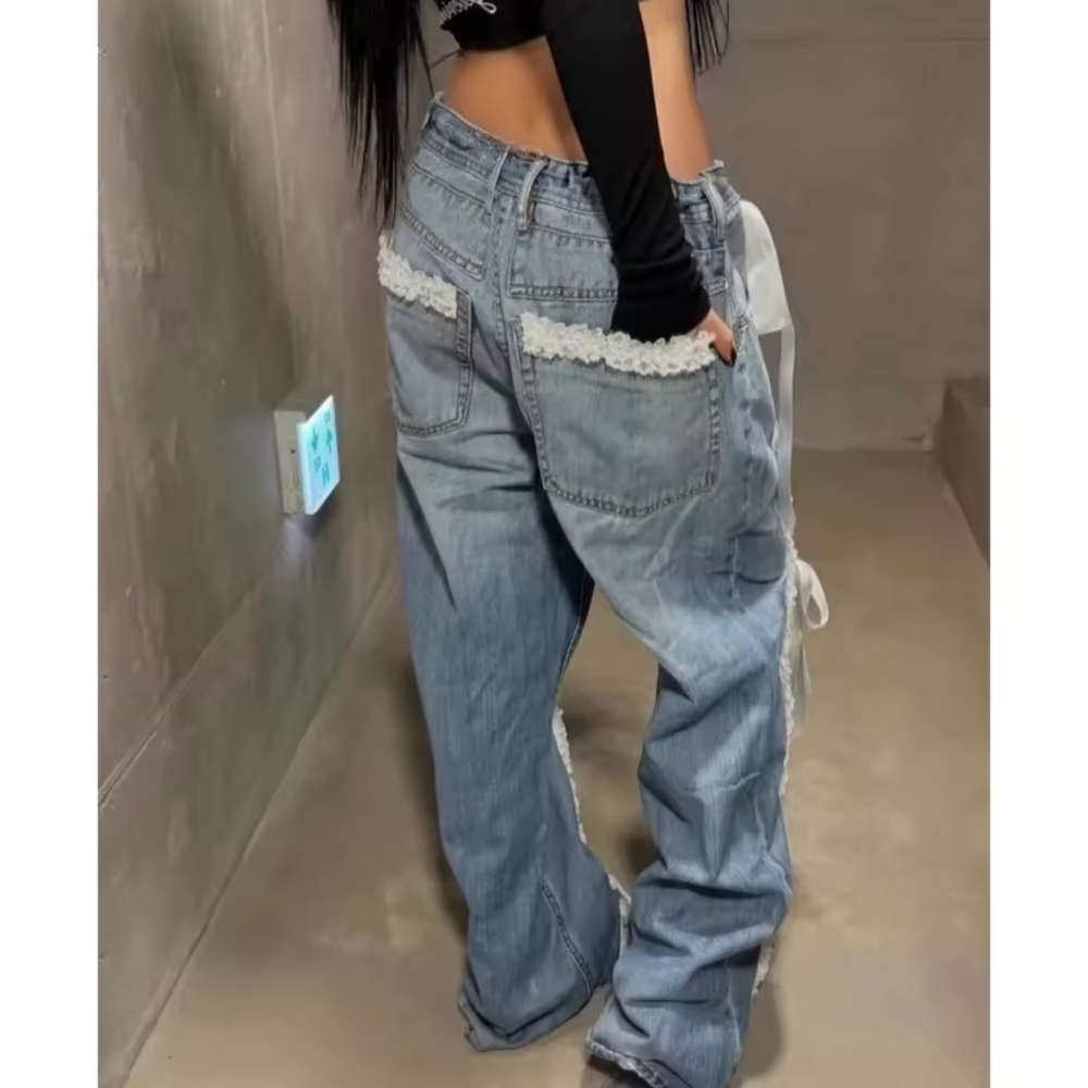 Street Spliced Button Jeans for Women Patchwork Bows Wide Leg Pants Female - Picture 4 of 5
